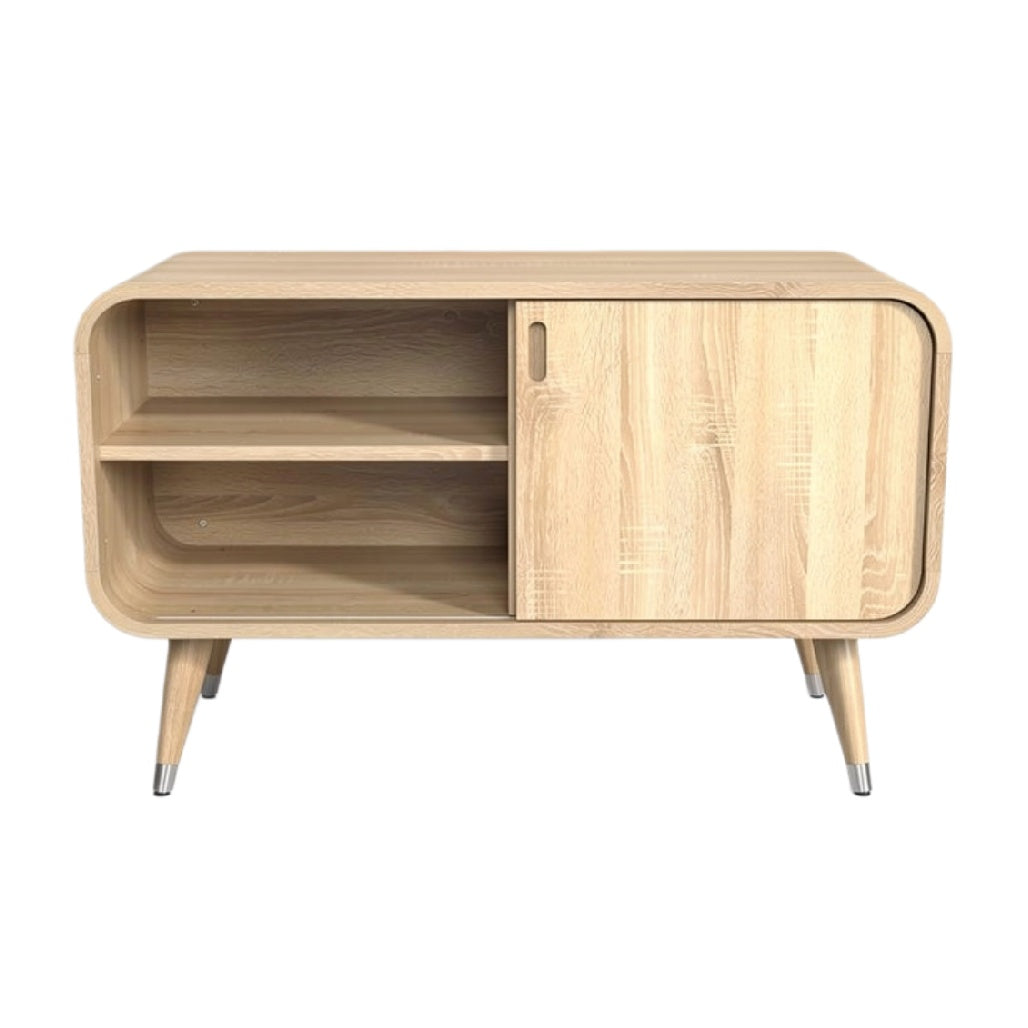 **Stylowy stół RTV z naturalnego drewna - minimalistyczny design z drzwiami i półkami**